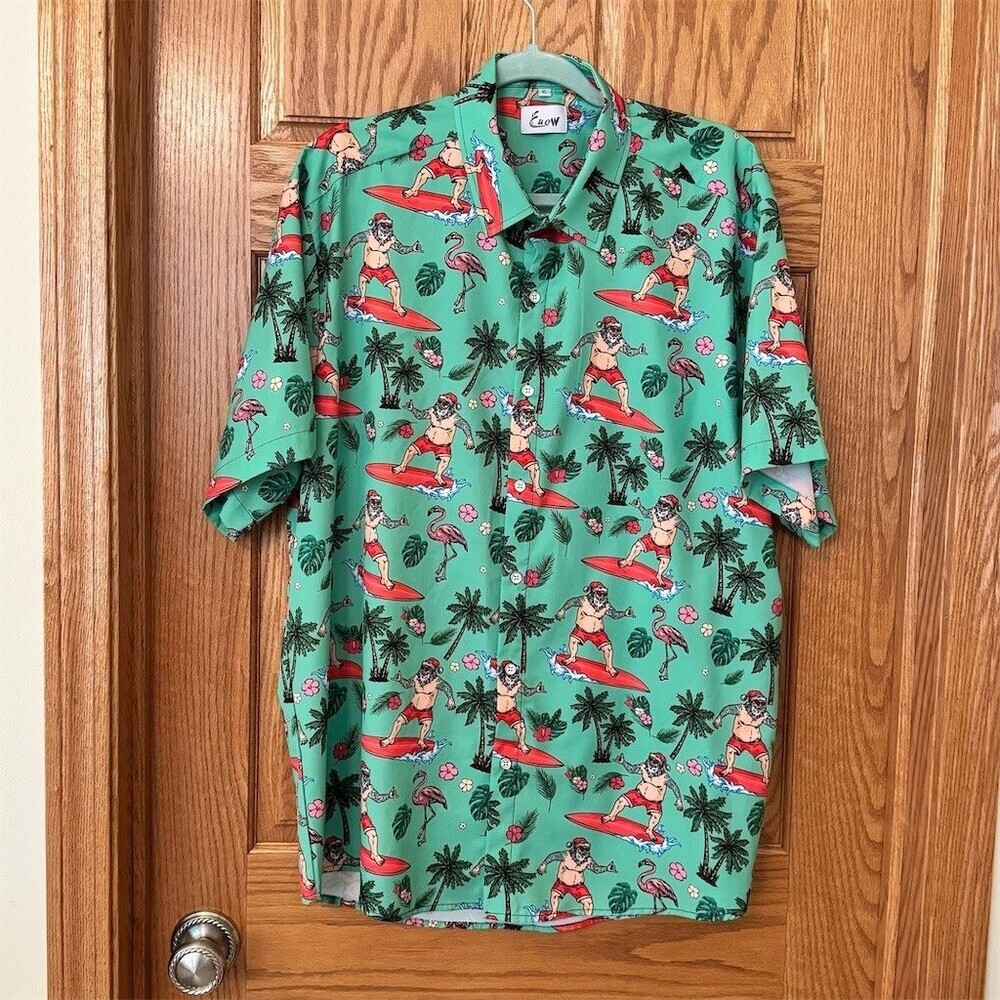 EUOW Hawaiian Shirt Men's XL Green Surfing Santa Flamingo Tropical
